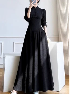 Plus Size Black Cheongsam Long Sleeve Dress Plus Size Mesh