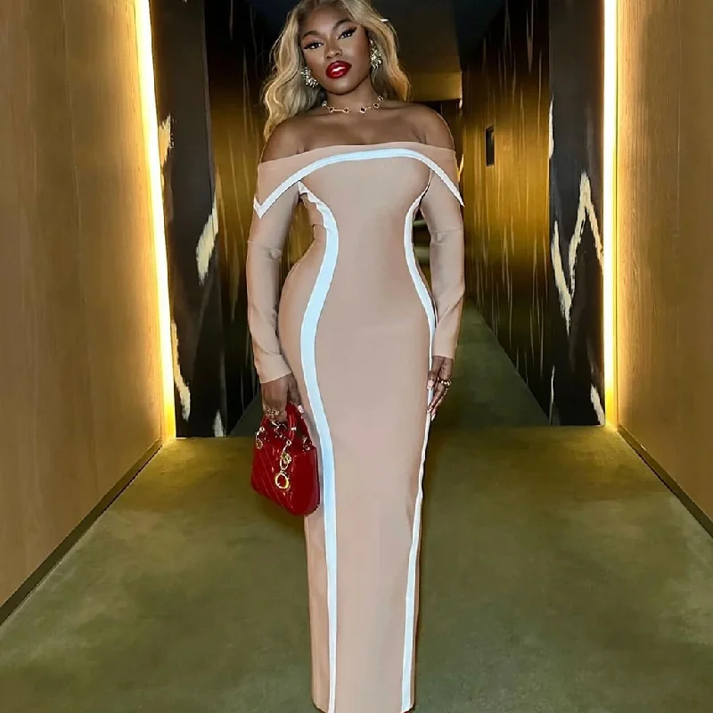 Contrast Foldover Off Shoulder Long Sleeve Bodycon Bandage Maxi Dress Form-fitting Bodycon Dress