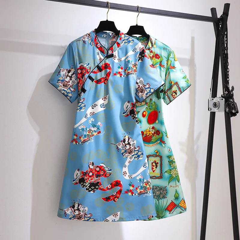 (2XL-6XL) Plus Size Modern Print Cheongsam Qipao Short Sleeve Dress (Extra Big Size) Plus Size Skirt