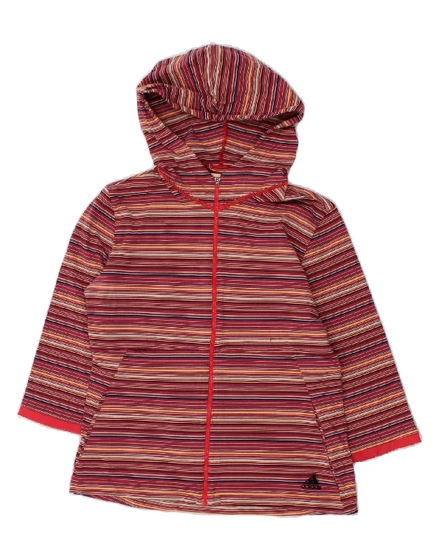 ADIDAS Womens 3/4 Sleeve Zip Hoodie Sweater UK 12 Medium Maroon Striped Trendy oversized sweaters