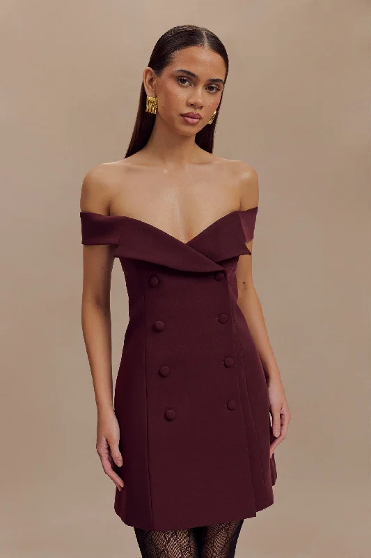 Noelle Off Shoulder Suiting Mini Dress - Mahogany Silk mini dresses