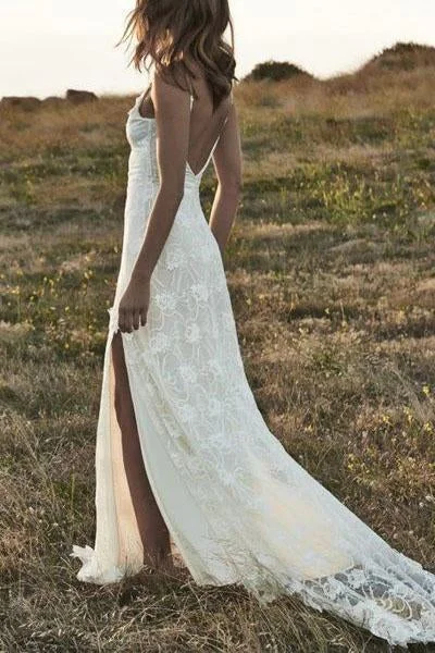 Boho Backless Front Split Romantic Off-the-Shoulder Ivory Lace Beach Bling Wedding Dress Ball Gown Wedding