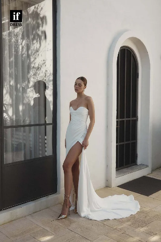 71169 - Classic Strapless Pleats Sleeveless High Slit Beach Wedding Dress Open Back Dress