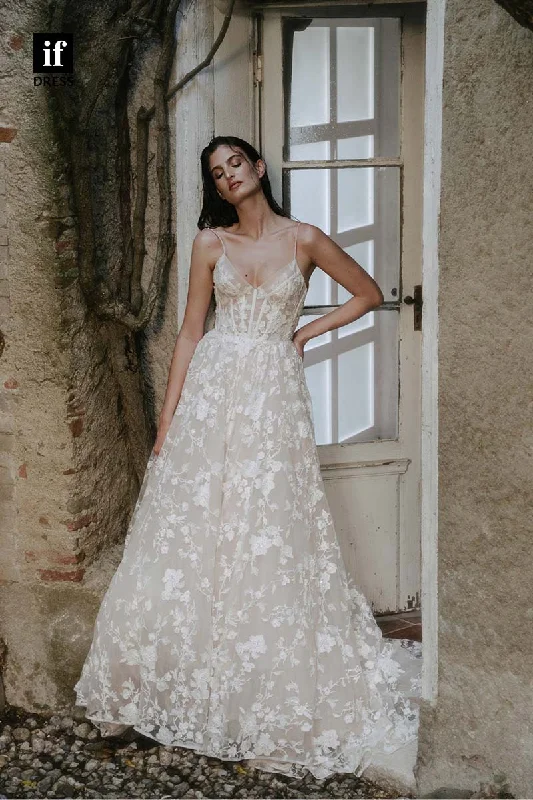 71171 - Romantic Spaghetti Straps V-Neck Lace Appliques Bohemian Wedding Gown Beautiful Bridal Gown