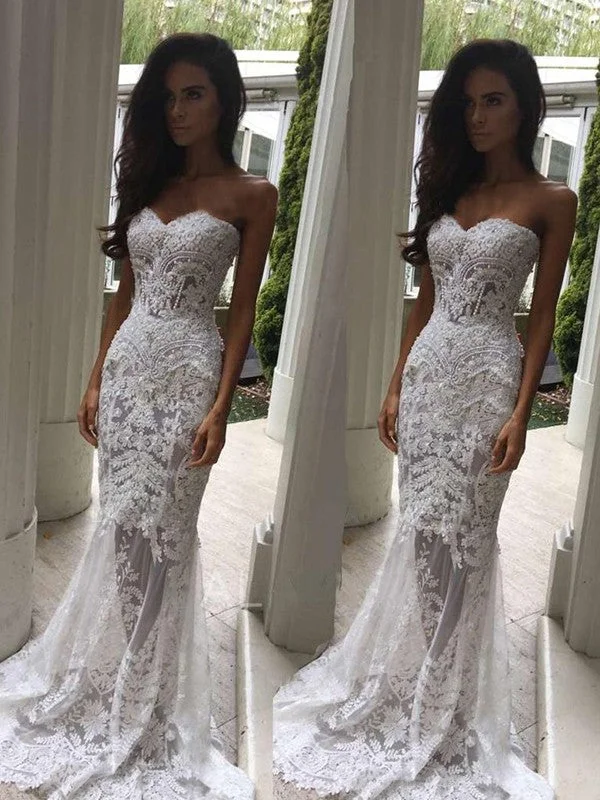 Trumpet/Mermaid Sweetheart Court Train Applique Sleeveless Lace Wedding Dresses TPP0006127 Long Sleeve Gown