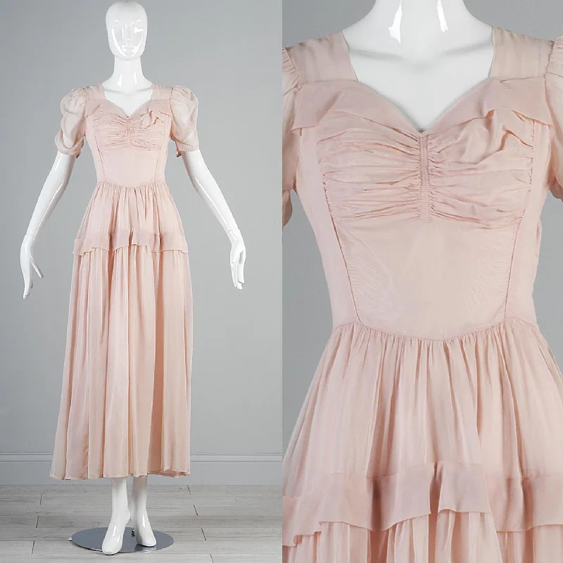 1940s Old Hollywood Pink Sheer Chiffon Dress Bright color unclassified dresses