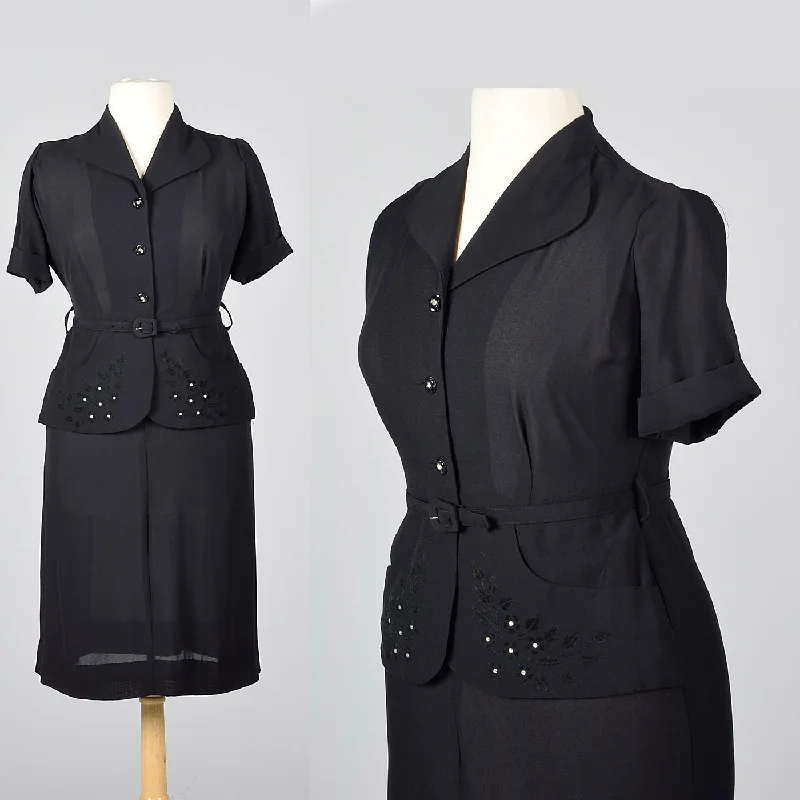 1950s Black Rayon Day Dress with Peplum Waist High-low unclassified dresses