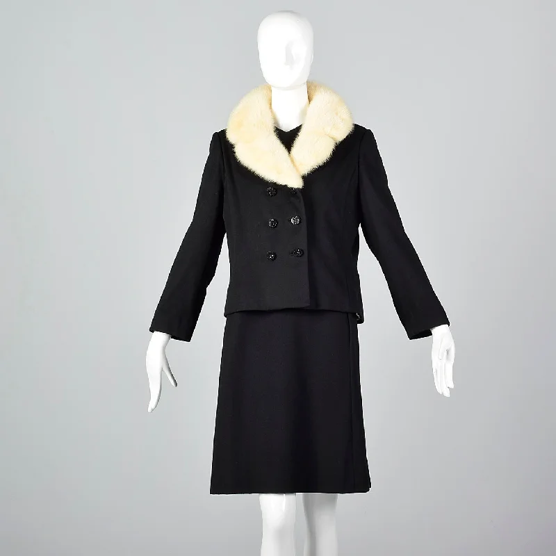 1960s Wool Shift Dress with Mink Fur Lapel Jacket Dark color unclassified dresses