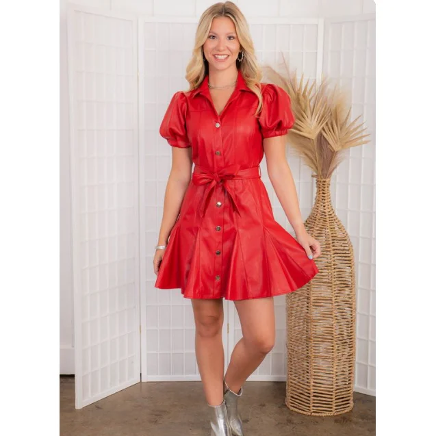 FATE Red Vegan Leather Puff Sleeve Dress Smocked unclassified dresses