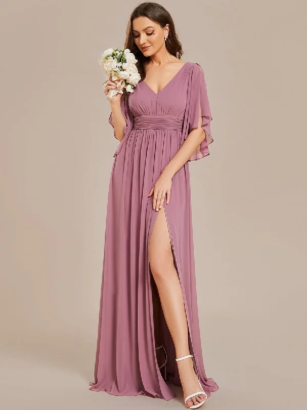 Half Sleeve V-Neck Pleated High Slit A-Line Chiffon Bridesmaid Dress Vintage unclassified dresses