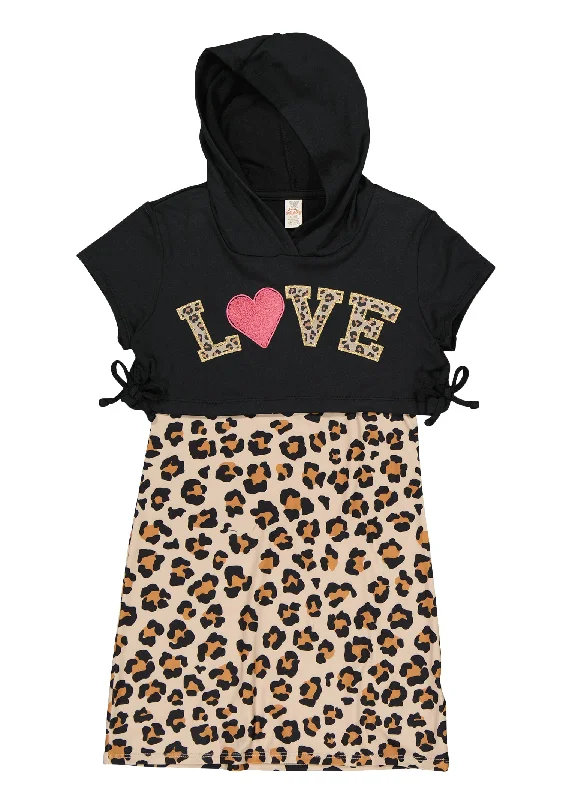 Girls Animal Print Tank Dress with Love Graphic Hoodie Loose Fit Tank Dress