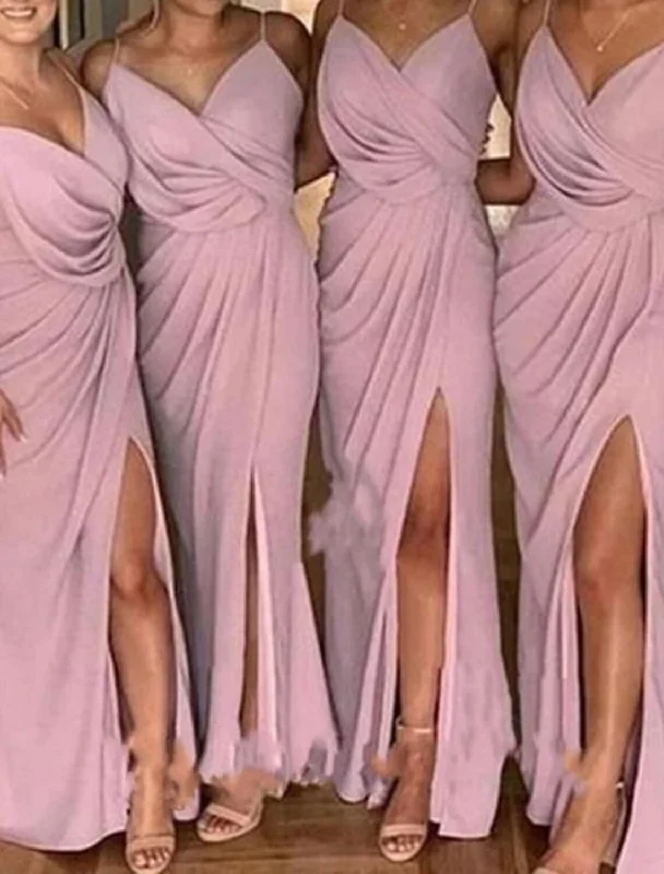 Sheath / Column Bridesmaid Dress V Neck / Spaghetti Strap Sleeveless Elegant Sweep / Brush Train Stretch Chiffon with Split Front / Solid Color Bold pattern unclassified dresses