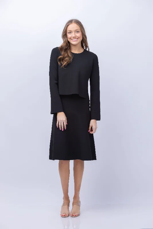 Theory Layered Trumpet Dress in Crepe Knit Black Gothic unclassified dresses
