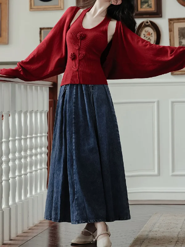 3PS Red Rose Vest And Denim Skirt 1950s Suit Vintage Audrey Hepburn's Style Outfits Slim Denim Skirt