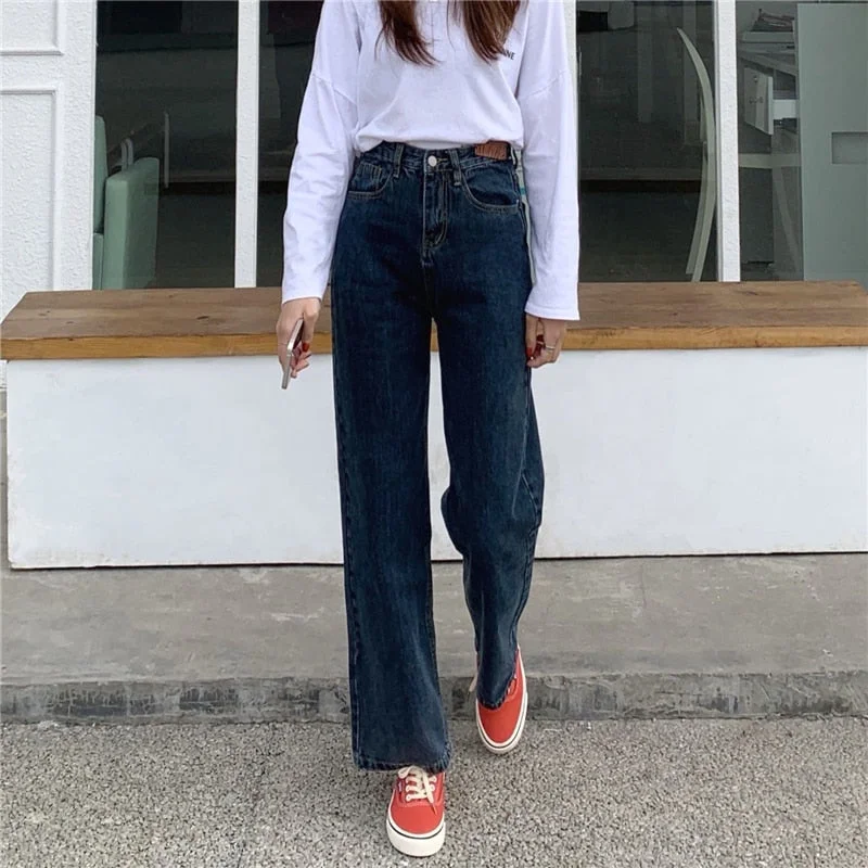 Autumn High Waist Wide Leg Jeans Women's Straight and Thin Loose Vintage Black Pants Casual Denim Long Jean Pant for Girls