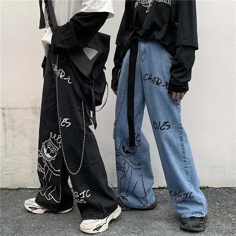Graffiti printed street jeans women's gothic mopping loose wide-leg pants Harajuku street casual all-match jeans trousers women Graffiti printed street jeans women's gothic mopping loose wide-leg pants Harajuku street casual all-match jeans trousers women