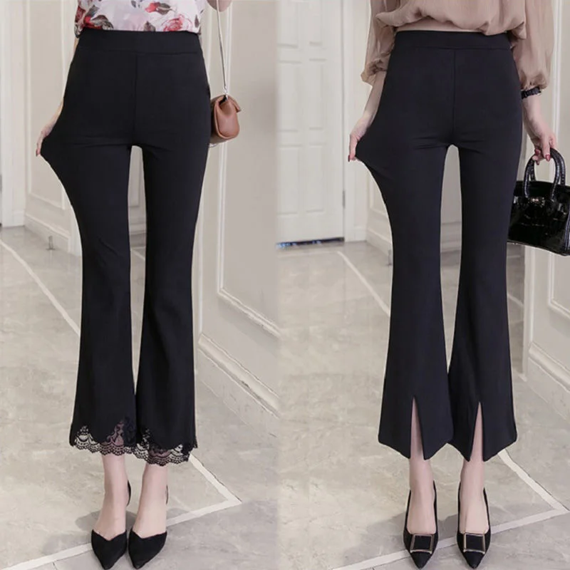 High-waist lace micro-flared pants women's black large size casual split suit cropped trousers spring and summer High-waist lace micro-flared pants women's black large size casual split suit cropped trousers spring and summer