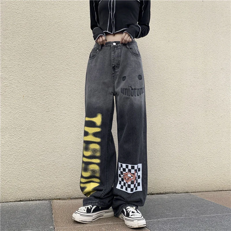 HOUZHOU Vintage Jeans Women Harajuku Grunge Letter Graffiti Wide Leg Denim Pants Casual Streetwear Gothic Checked Loose Pants HOUZHOU Vintage Jeans Women Harajuku Grunge Letter Graffiti Wide Leg Denim Pants Casual Streetwear Gothic Checked Loose Pants