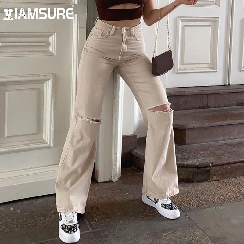 IAMSURE Loose Solid Ripped Jeans Casual Streetwear High Waisted Trousers Women Denim Wide Leg Pants 2022 Elegant Ladies IAMSURE Loose Solid Ripped Jeans Casual Streetwear High Waisted Trousers Women Denim Wide Leg Pants 2022 Elegant Ladies
