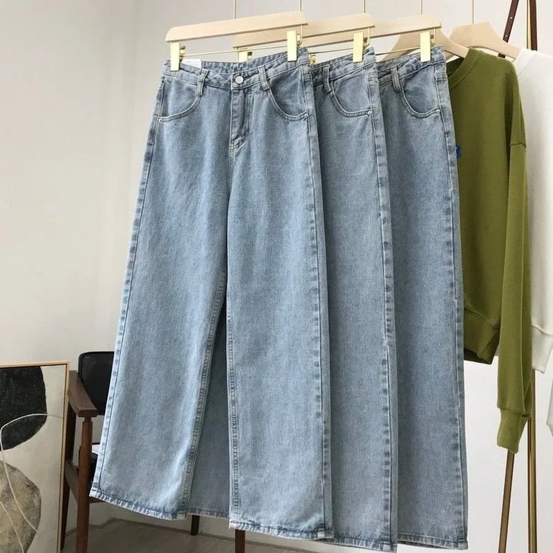 Light Blue Denim Trousers Vintage Wide Leg Pants Women Korean Straight Long Pants High Waist Casual Loose With Belt 2022 Autumn Light Blue Denim Trousers Vintage Wide Leg Pants Women Korean Straight Long Pants High Waist Casual Loose With Belt 2022 Autumn