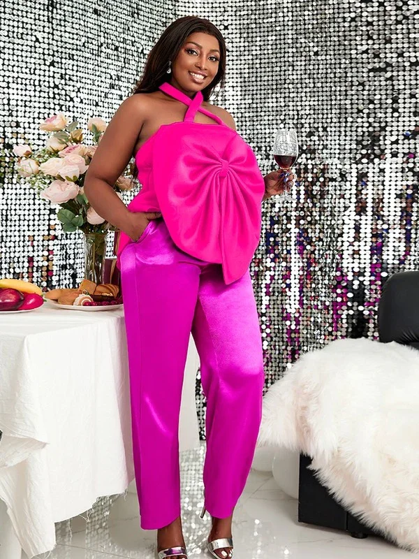 Shiny Backless Big Bow Wide Leg Pants Two Pieces Set Women