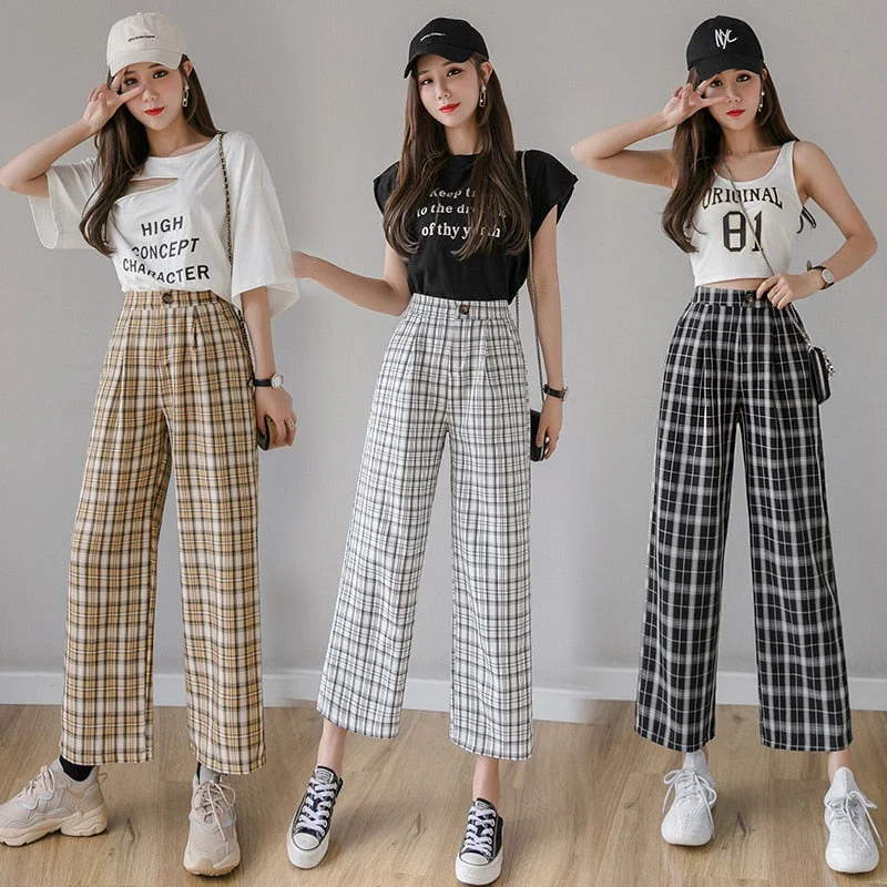 Summer Spring Trousers Vintage Plaid Print Pants Casual Korean Streetwear Loose Women High Waist Wide Leg Pants Summer Spring Trousers Vintage Plaid Print Pants Casual Korean Streetwear Loose Women High Waist Wide Leg Pants