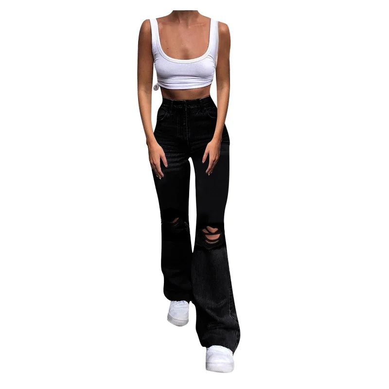 Women Comfortable Button High Waist Pocket Elastic Hole Jeans Trousers Casual Loose Denim Pants pantalon pour femme Women Comfortable Button High Waist Pocket Elastic Hole Jeans Trousers Casual Loose Denim Pants pantalon pour femme