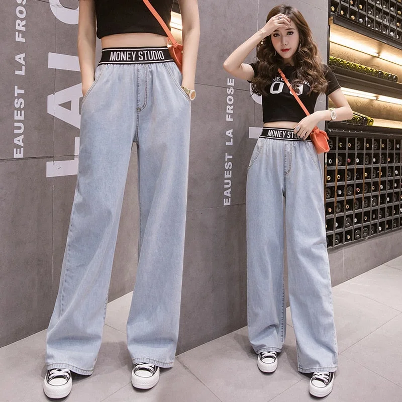 Women's jeans autumn Korean version of traf Pants pure color elastic waist loose and slim straight jeans casual Women's pants Women's jeans autumn Korean version of traf Pants pure color elastic waist loose and slim straight jeans casual Women's pants