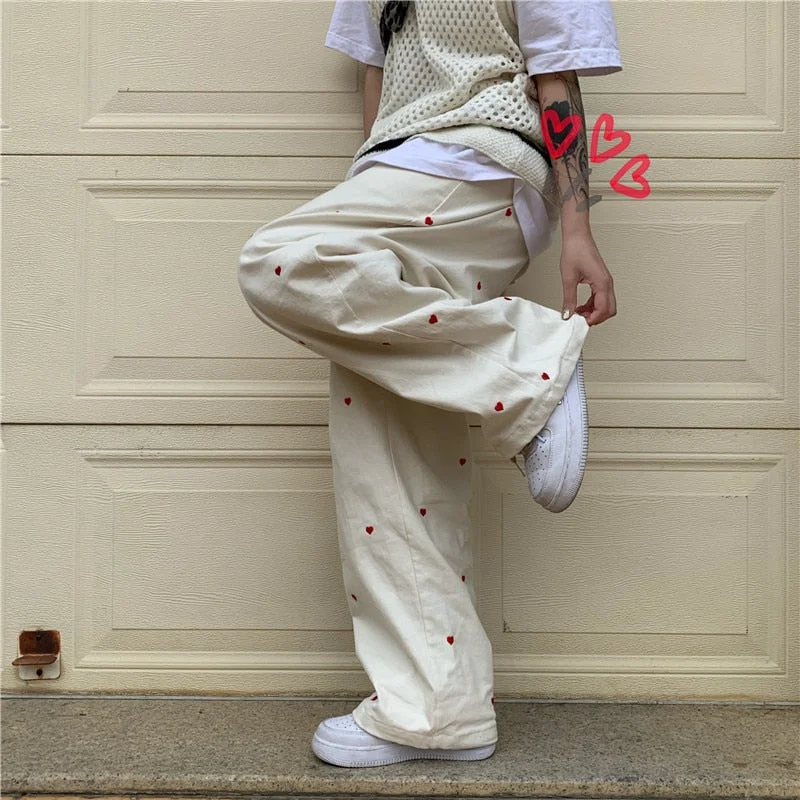 Women's Jeans Streetwear Casual Heart Shaped Embroidery Elastic Waist Vintage Baggy Straight Denim Trouser Mom Wide Leg Pants Women's Jeans Streetwear Casual Heart Shaped Embroidery Elastic Waist Vintage Baggy Straight Denim Trouser Mom Wide Leg Pants