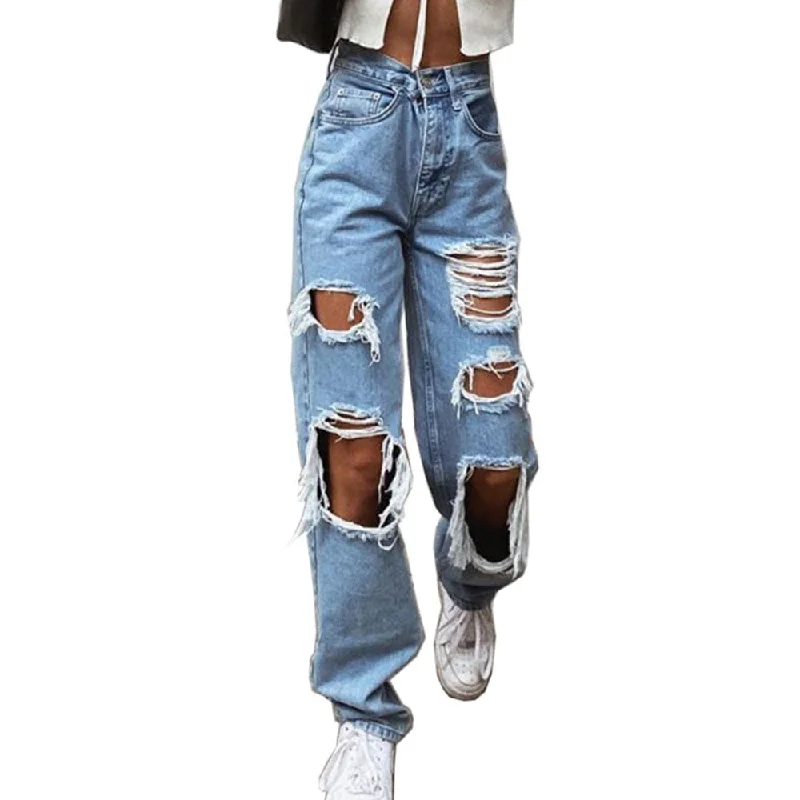 Womens Ripped Loose Fit Jeans Wide Leg For Women High Waist Blue Wash Casual Cotton Denim Trousers Summer Baggy Jean Pants 6281 Womens Ripped Loose Fit Jeans Wide Leg For Women High Waist Blue Wash Casual Cotton Denim Trousers Summer Baggy Jean Pants 6281