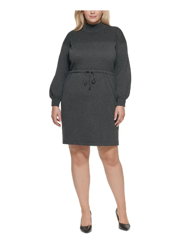CALVIN KLEIN Womens Gray Ribbed Textured Drawstring Tie Waist Long Sleeve Mock Neck Above The Knee Wear To Work Sweater Dress Chunky Knit Sweater Dress