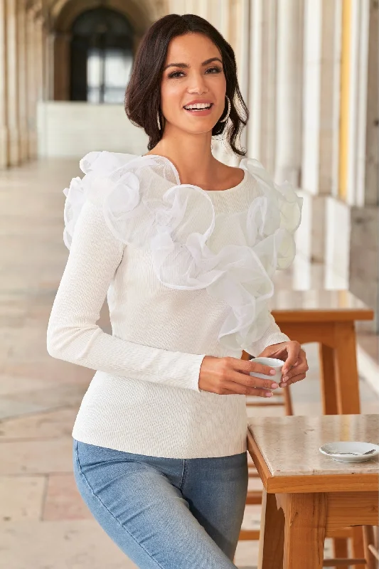 Organza Ruffle Sweater Off White Knit Dress Chic