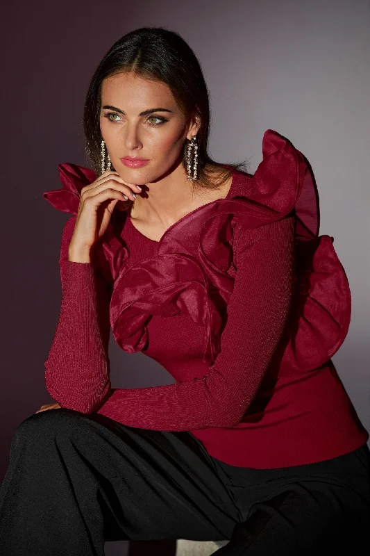 Organza Ruffle Sweater Red Knitted Sweater Gown