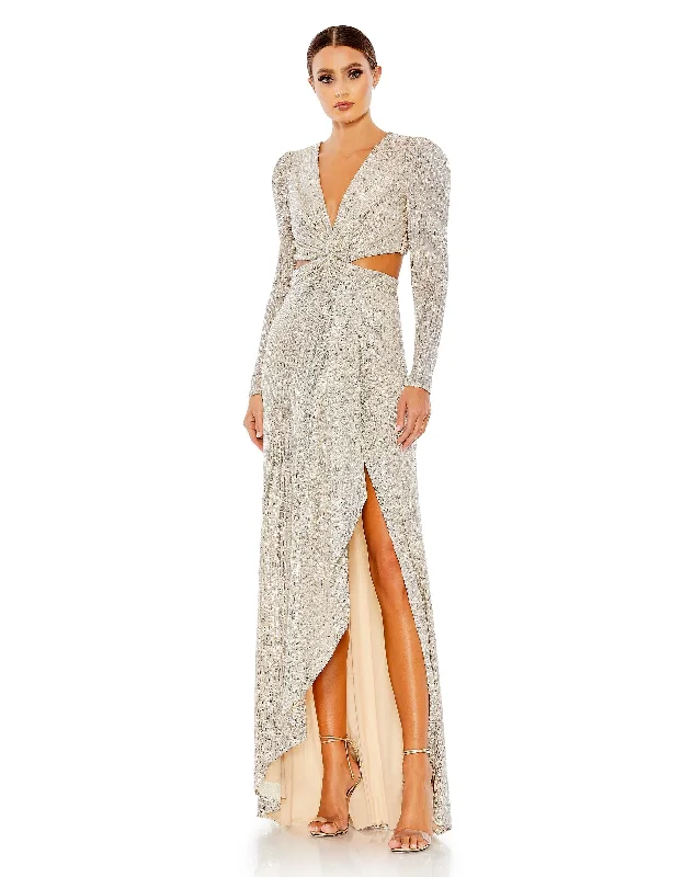 Sequined Criss Cross Long Sleeve Gown Maxi Skirt Classic