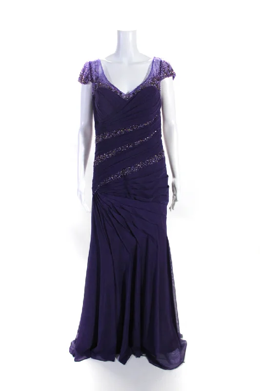 Rina di Montella Womens Back Zip Mesh Sequin Beaded Gown Purple Sequin Dress Shine